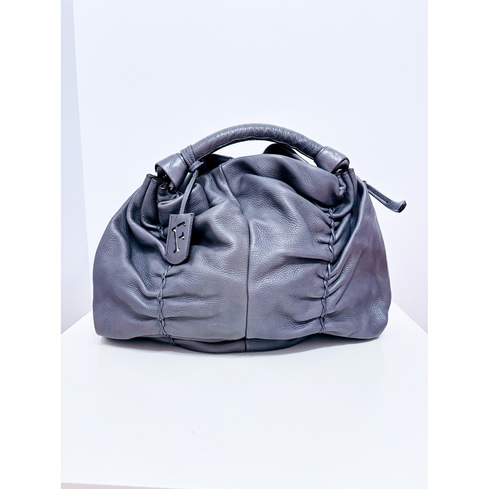 FURLA Grey Leather Ruched Slouchy Satchel Handbag Braided Detail